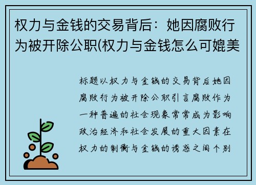 权力与金钱的交易背后：她因腐败行为被开除公职(权力与金钱怎么可媲美)