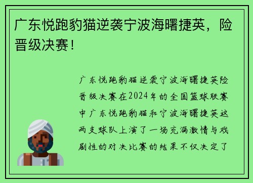 广东悦跑豹猫逆袭宁波海曙捷英，险晋级决赛！