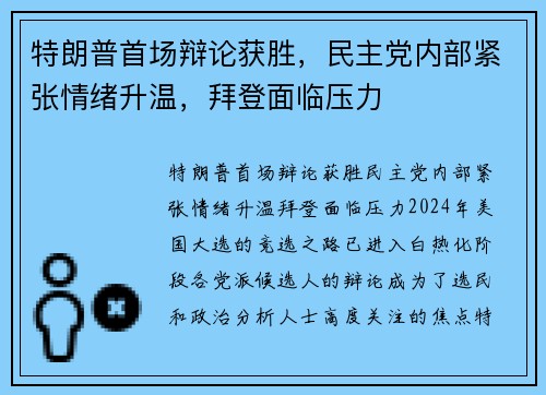 特朗普首场辩论获胜,民主党内部紧张情绪升温,拜登面临压力 特朗普首场辩论获胜,民主党内部紧张情绪升温,拜登面临压力