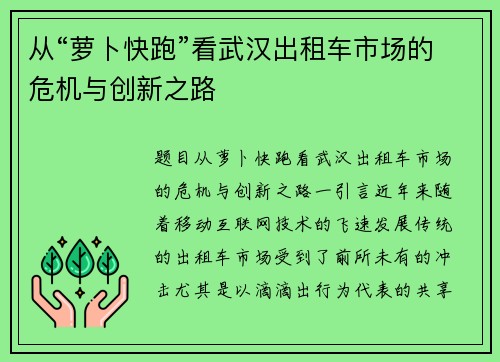 从“萝卜快跑”看武汉出租车市场的危机与创新之路