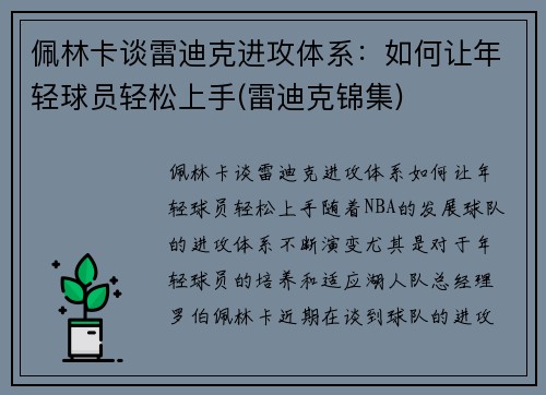 佩林卡谈雷迪克进攻体系：如何让年轻球员轻松上手(雷迪克锦集)