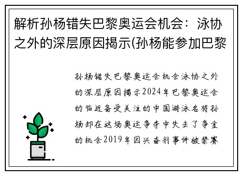 解析孙杨错失巴黎奥运会机会：泳协之外的深层原因揭示(孙杨能参加巴黎奥运吗)